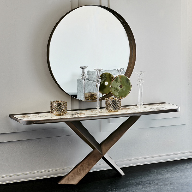 Италианска х във формата на неръждаема стомана Основа Модерна луксозна конзола Каменна каменна мраморна конзолна маса с огледало